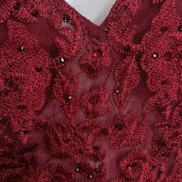 Blondie Nites Elegent cherry Red Satin/embrodery V Neck Evening Gown sz 15 Fairy - Picture 11 of 17